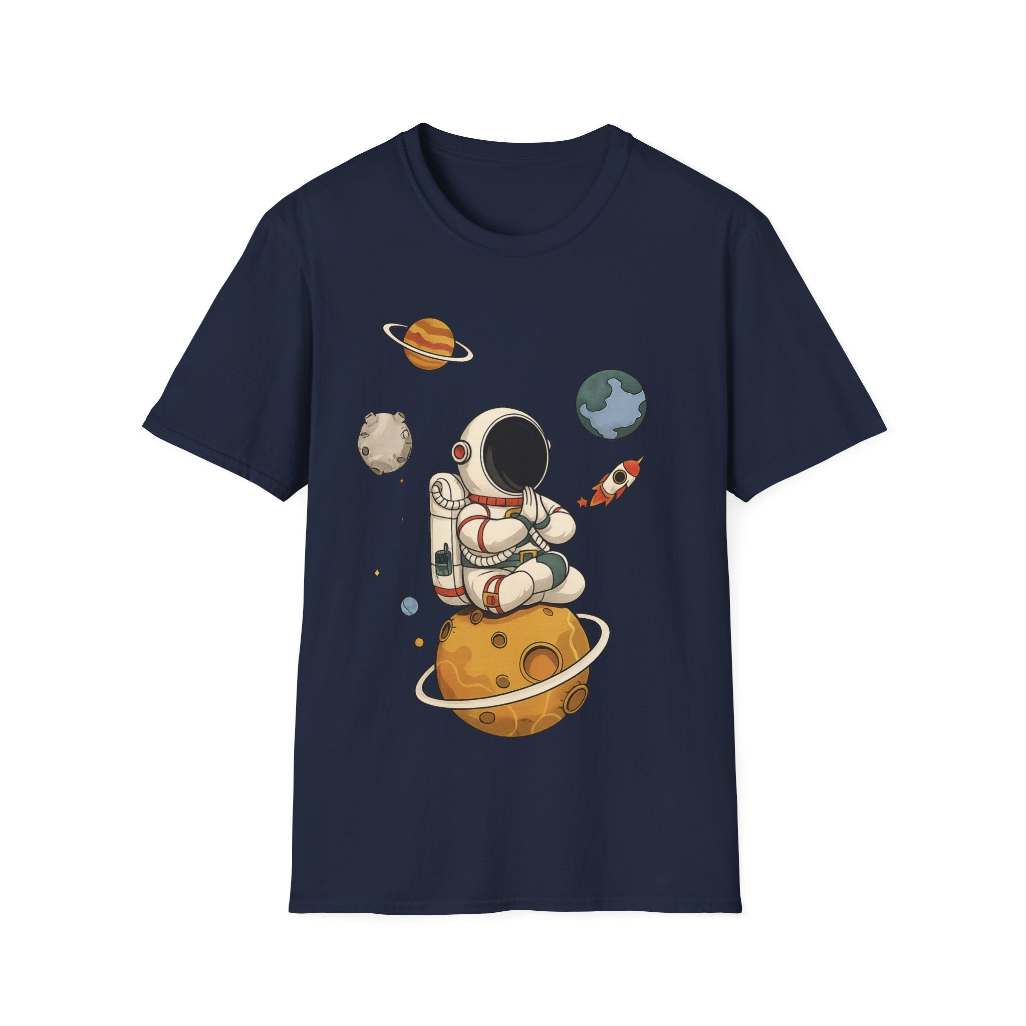 Astronaut Sitting on Planet T-Shirt — Cute Space Explorer Tee