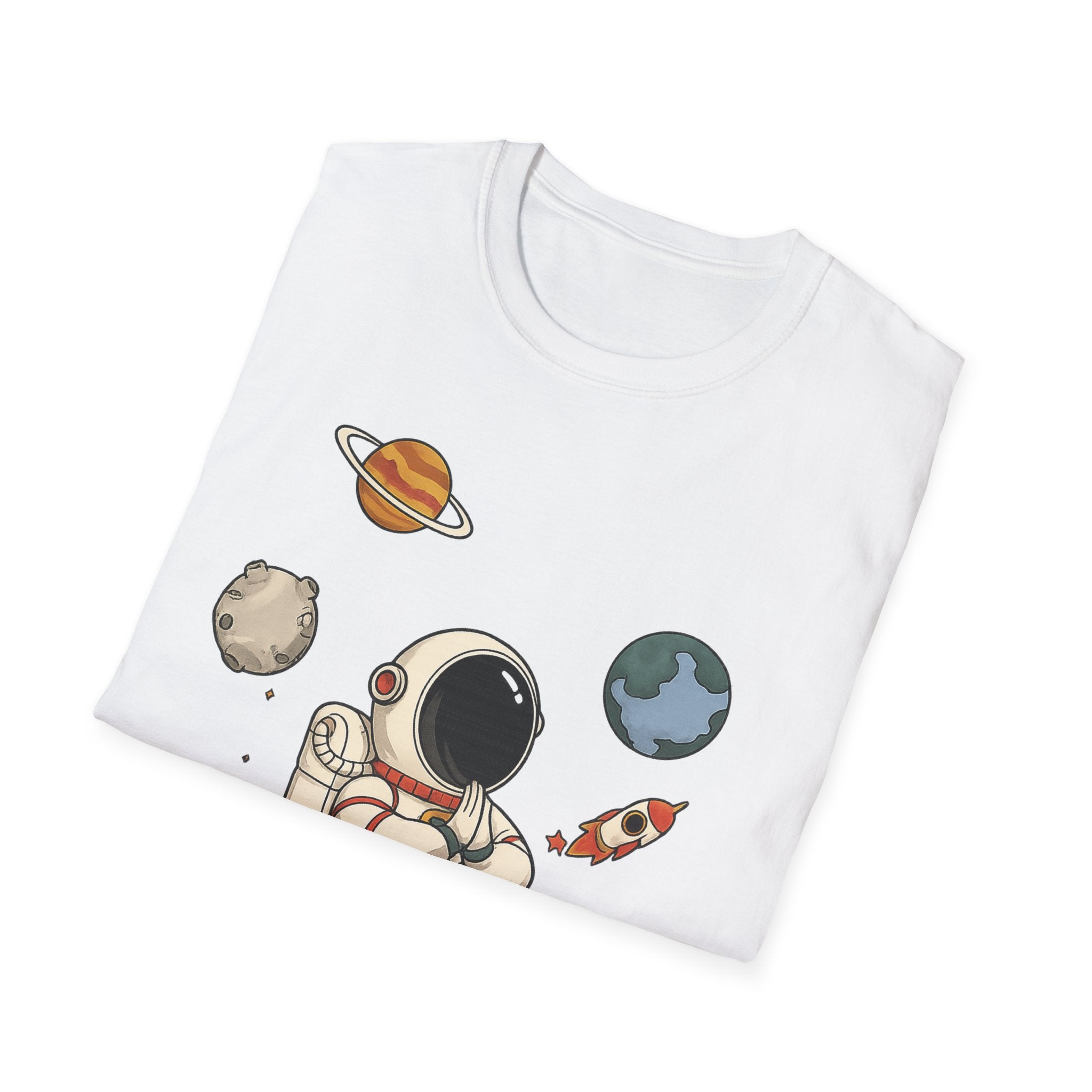 Astronaut Sitting on Planet T-Shirt — Cute Space Explorer Tee