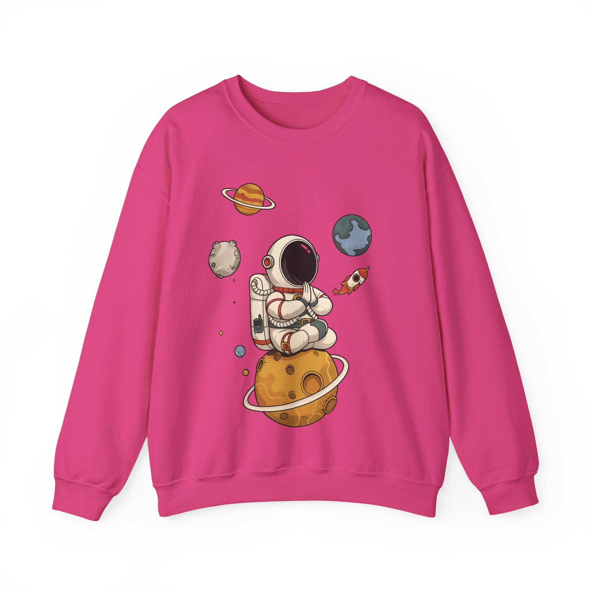 Astronaut Sitting on Planet Crewneck Sweatshirt – Cute Space Explorer Graphic