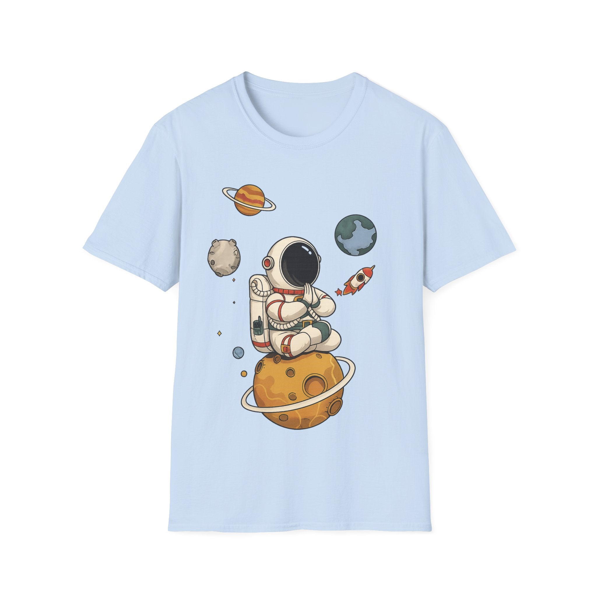 Astronaut Sitting on Planet T-Shirt — Cute Space Explorer Tee