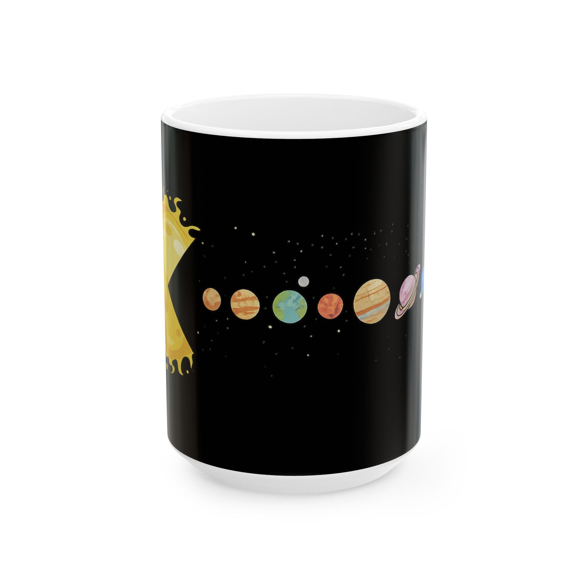 Solar System Pacman Mug — Planets & Sun Space Coffee Cup (11oz, 15oz)