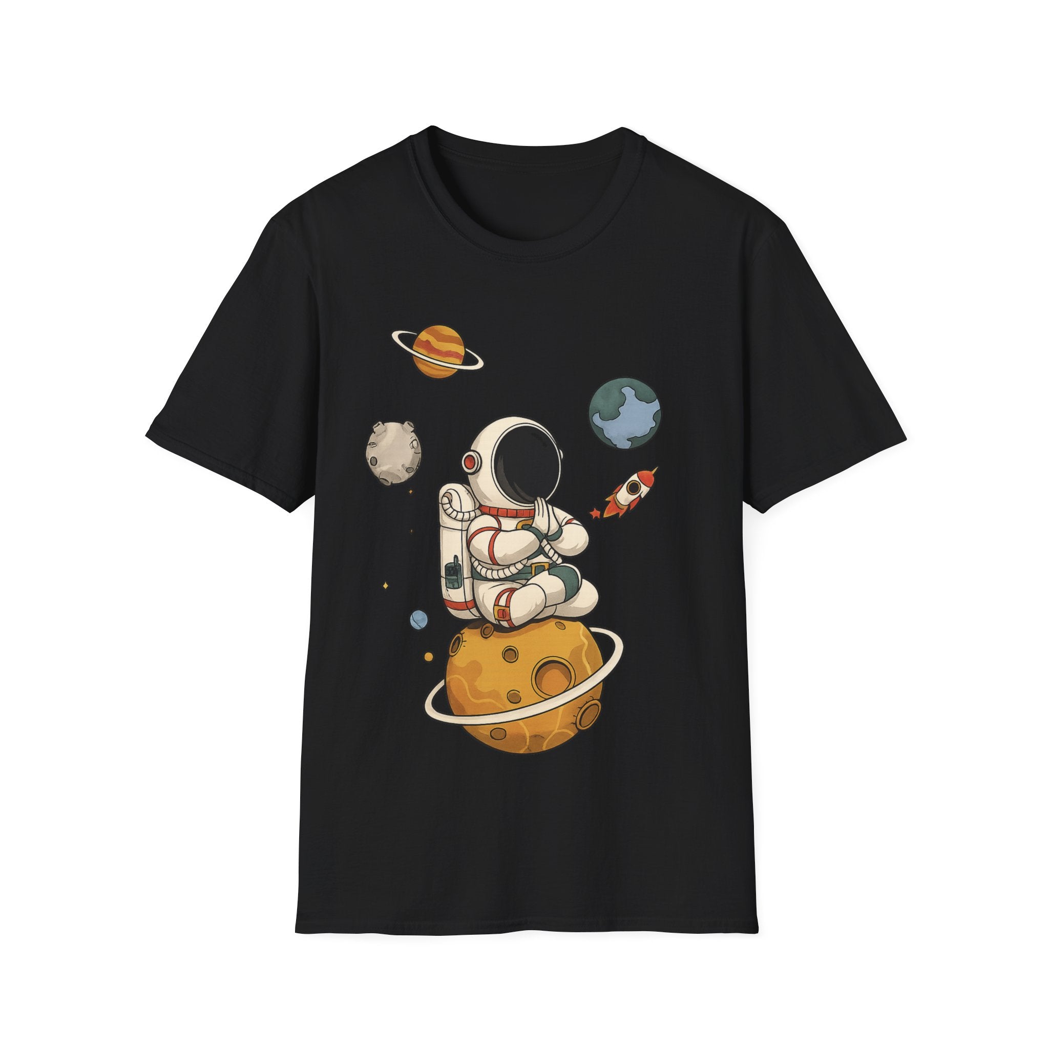 Astronaut Sitting on Planet T-Shirt — Cute Space Explorer Tee