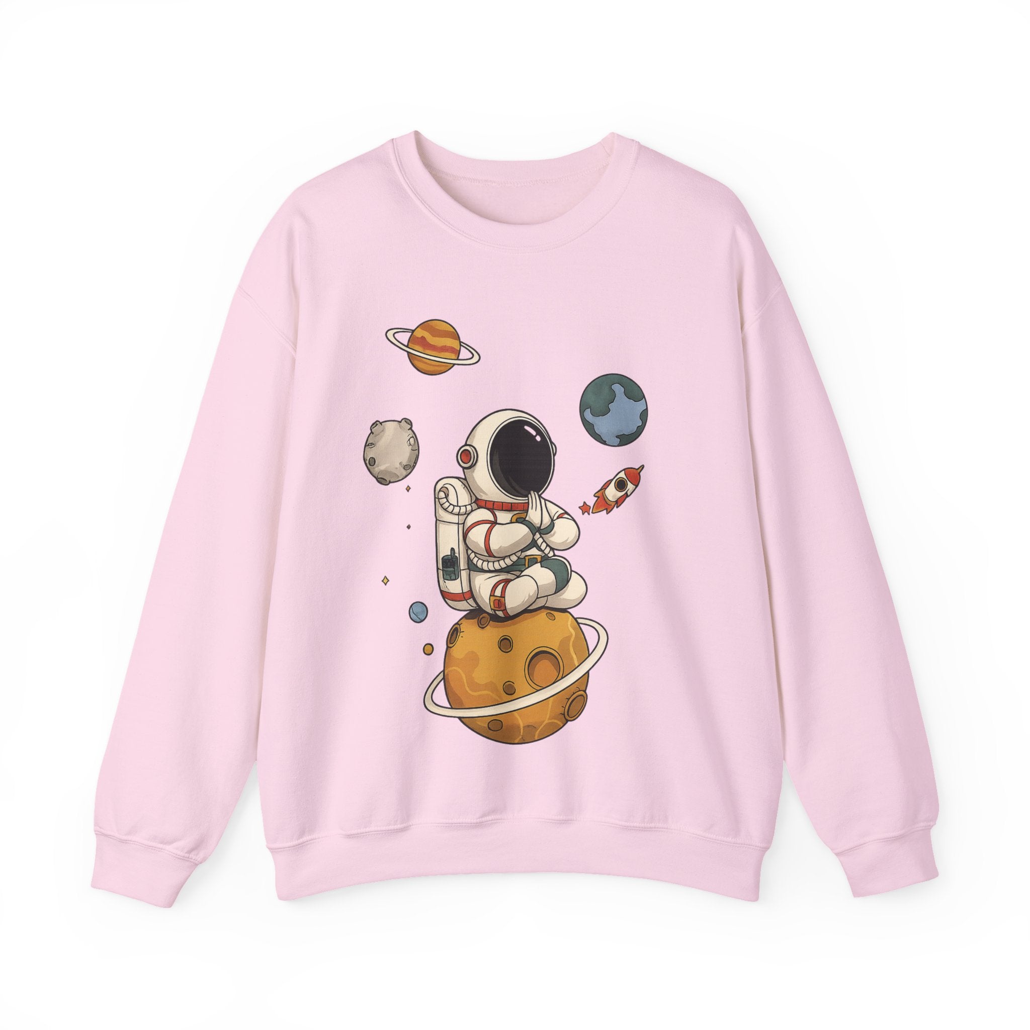 Astronaut Sitting on Planet Crewneck Sweatshirt – Cute Space Explorer Graphic