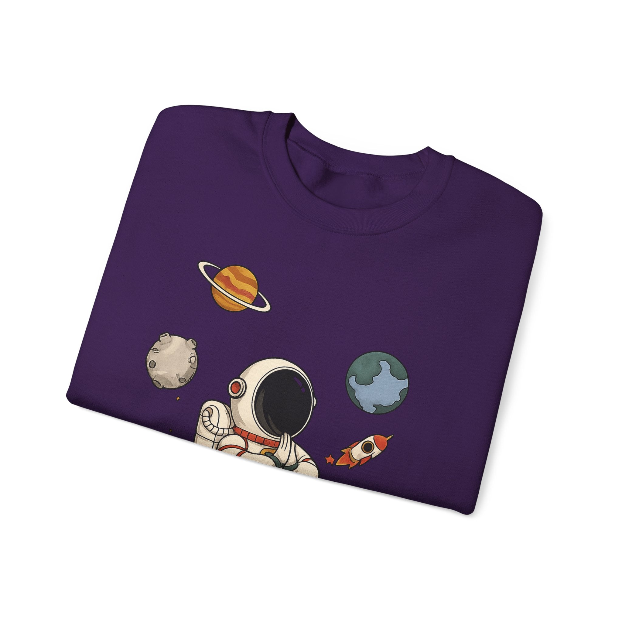 Astronaut Sitting on Planet Crewneck Sweatshirt – Cute Space Explorer Graphic