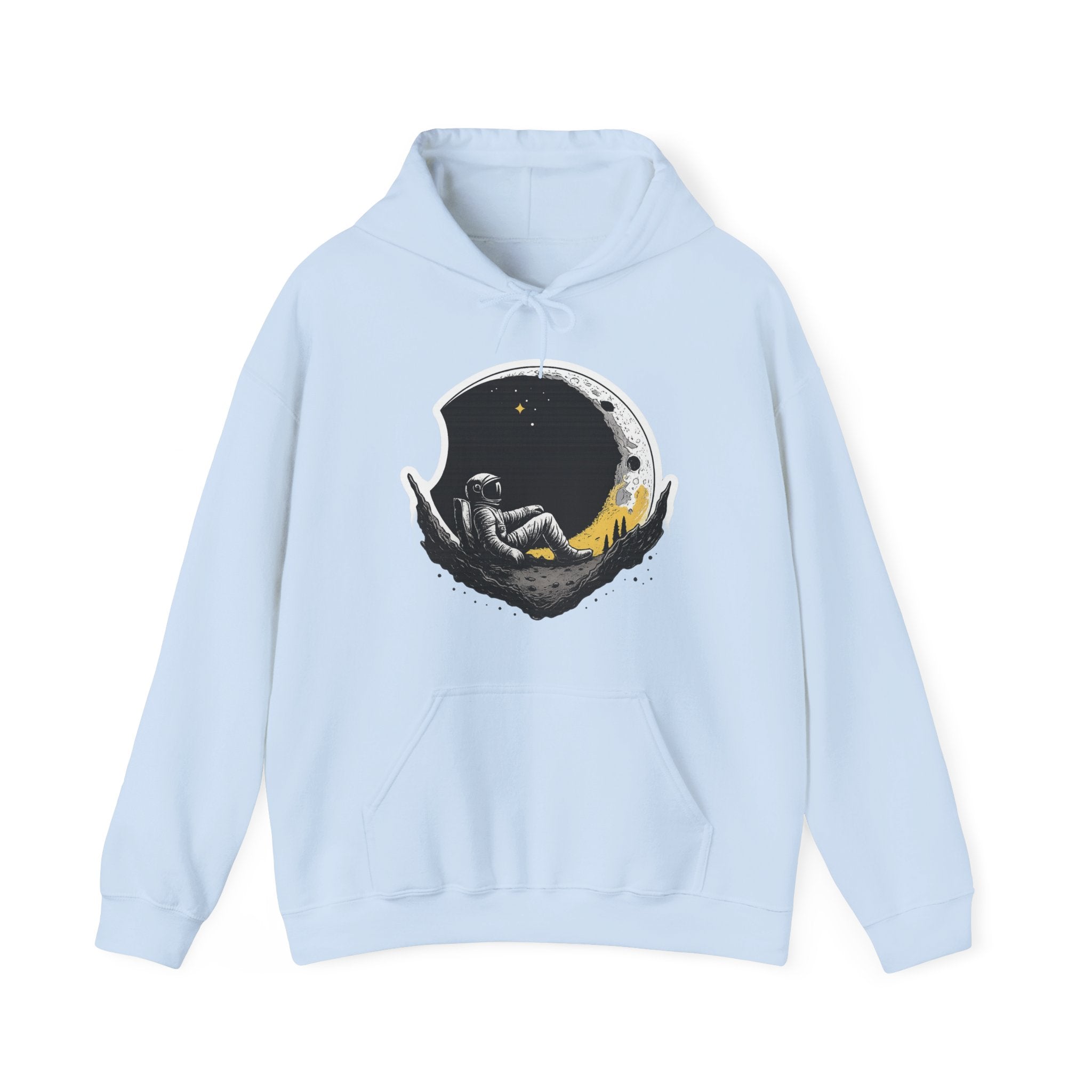 Moon Dreamer Hoodie — Astronaut Sleeping on Crescent Moon Graphic Pullover
