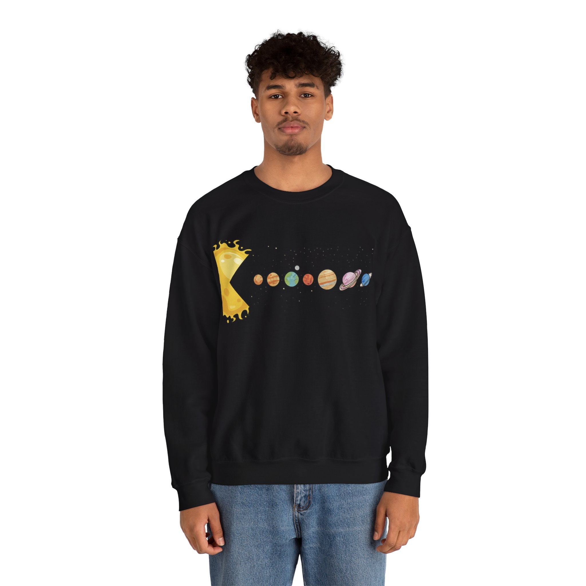 Solar Cheese Galaxy Sweatshirt — Cute Planetary Pizza Illustration Crewneck