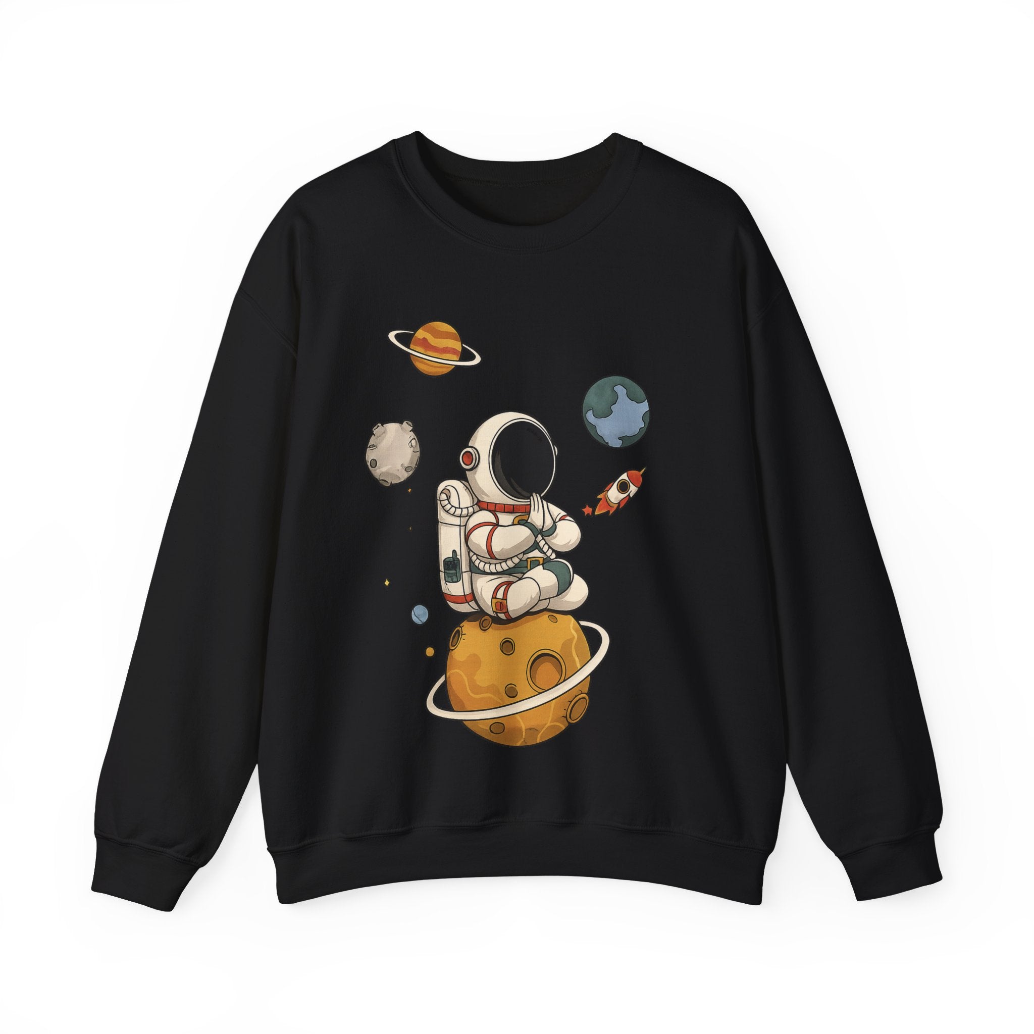 Astronaut Sitting on Planet Crewneck Sweatshirt – Cute Space Explorer Graphic