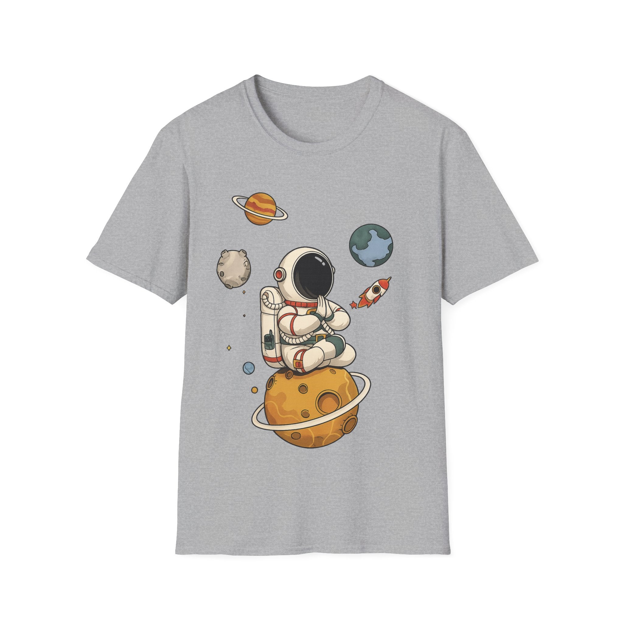Astronaut Sitting on Planet T-Shirt — Cute Space Explorer Tee
