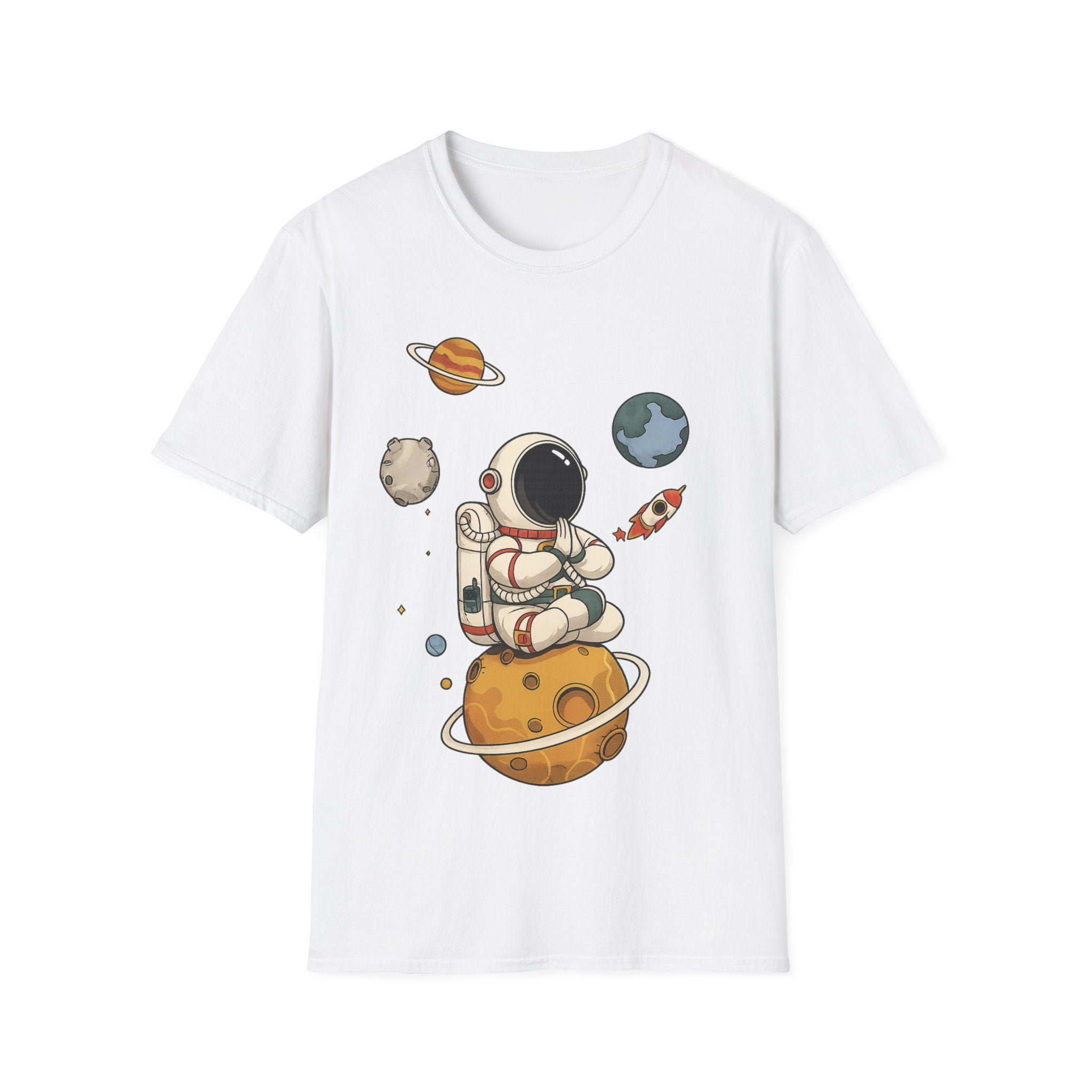 Astronaut Sitting on Planet T-Shirt — Cute Space Explorer Tee