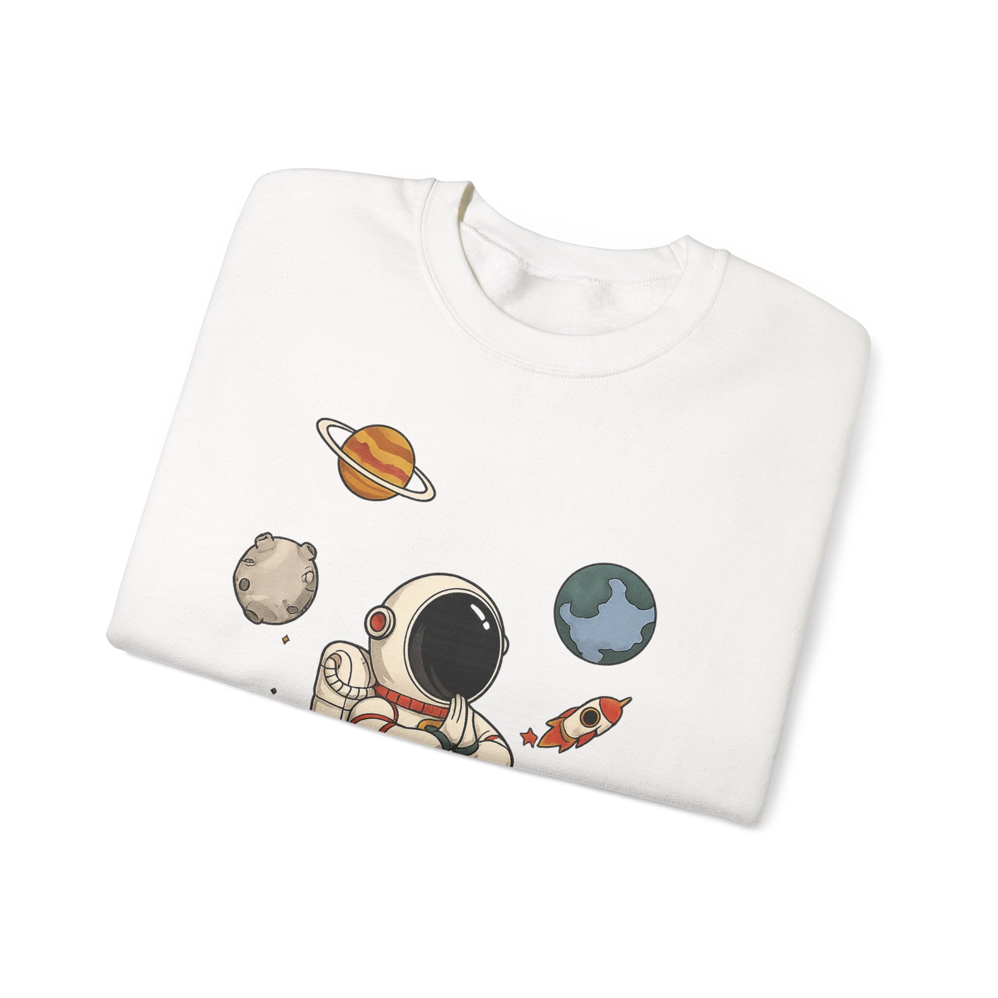 Astronaut Sitting on Planet Crewneck Sweatshirt – Cute Space Explorer Graphic