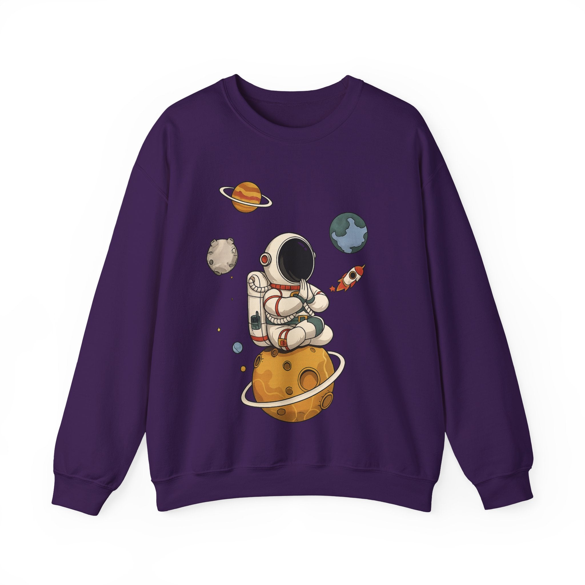 Astronaut Sitting on Planet Crewneck Sweatshirt – Cute Space Explorer Graphic
