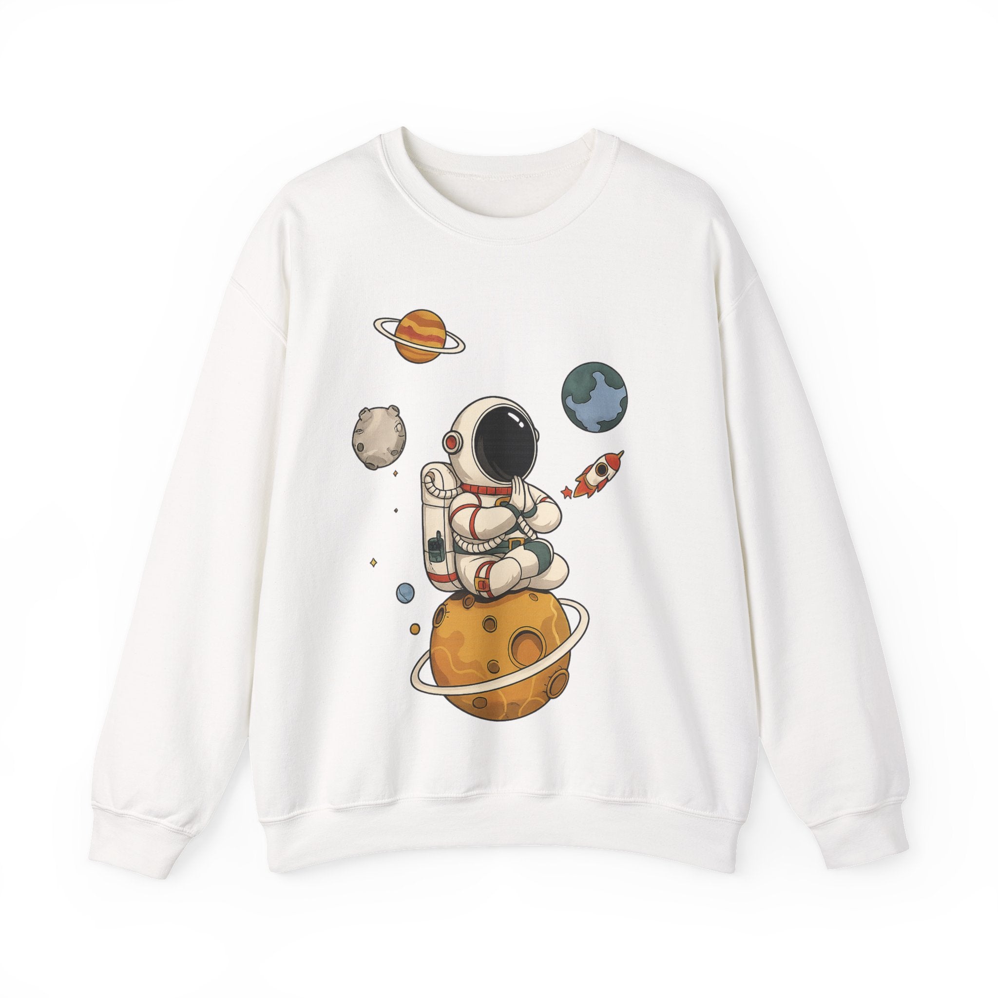 Astronaut Sitting on Planet Crewneck Sweatshirt – Cute Space Explorer Graphic