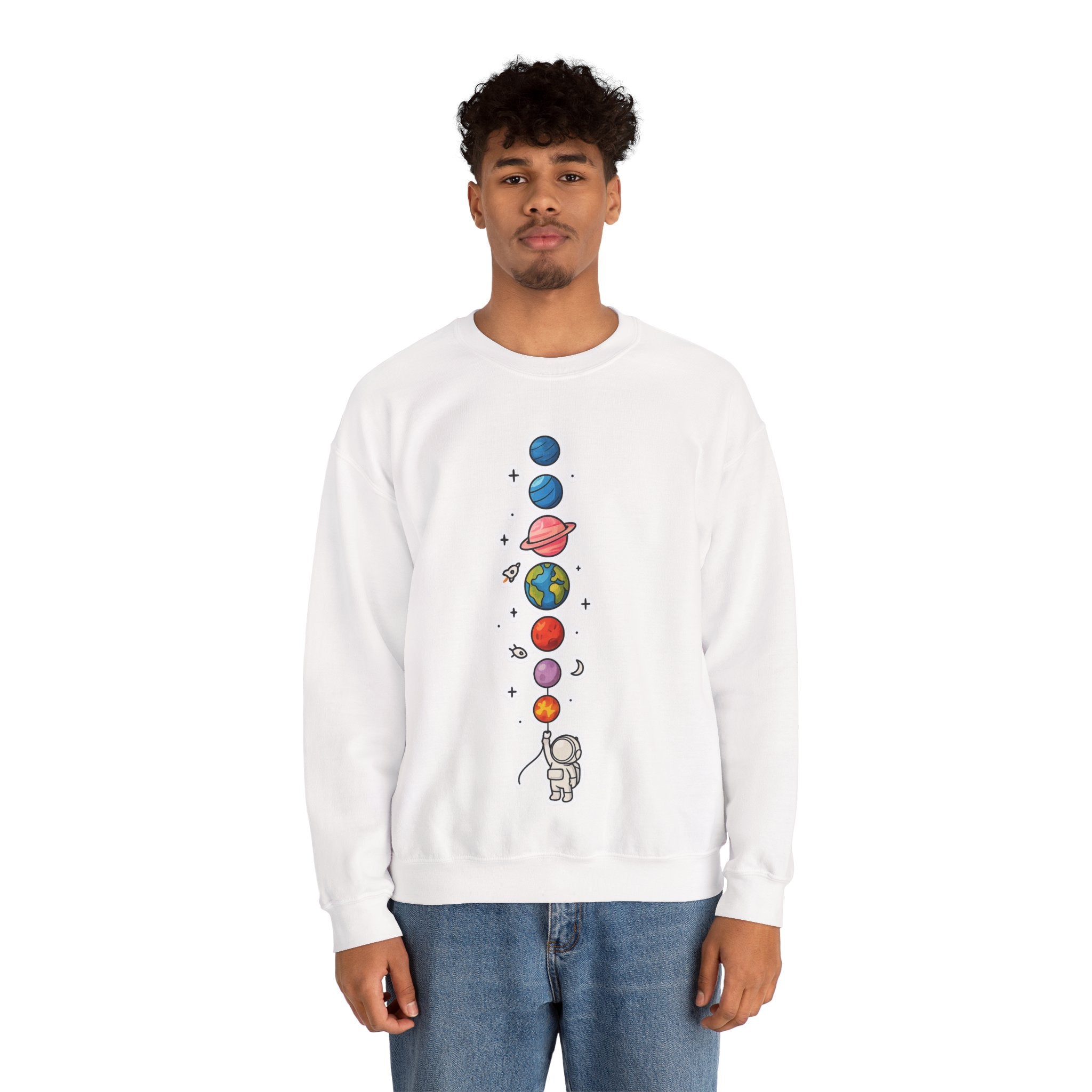 Astronaut & Planets Crewneck Sweatshirt — Cute Space Galaxy Graphic