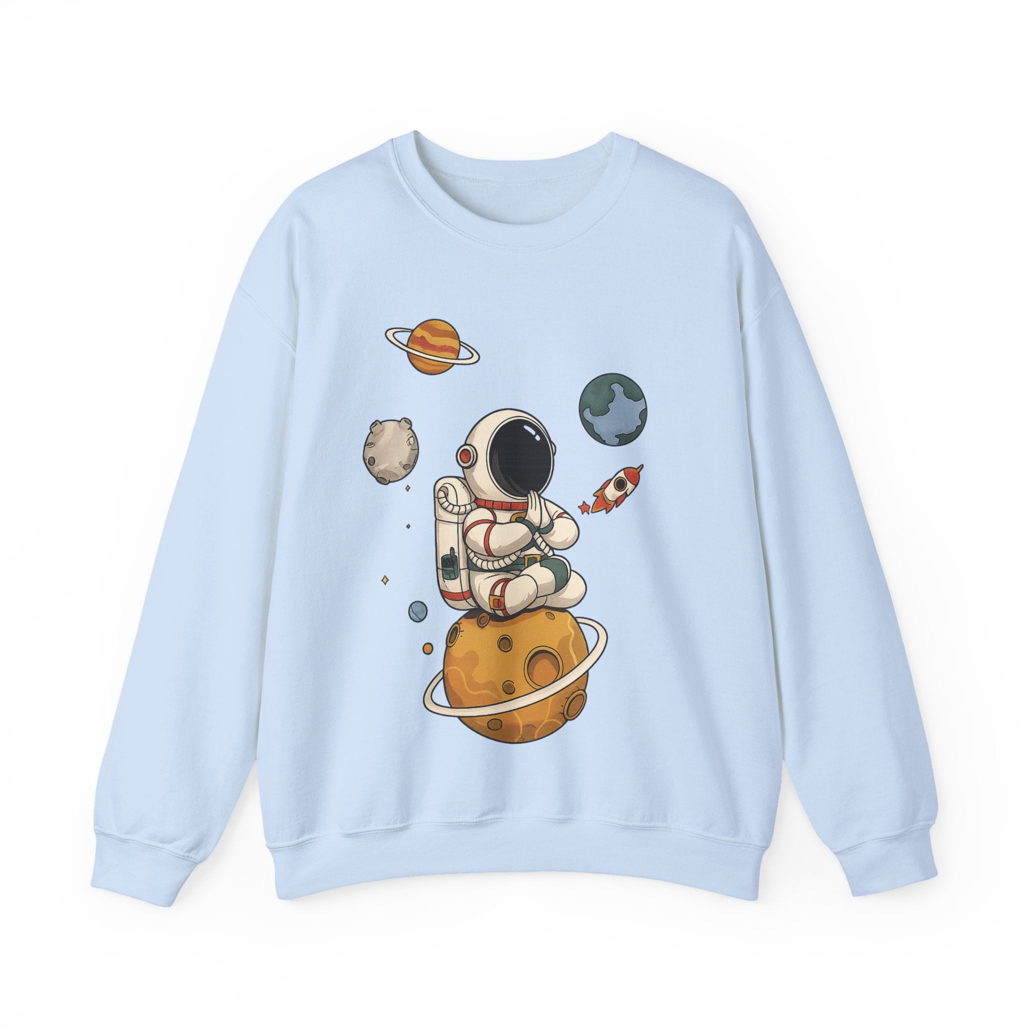 Astronaut Sitting on Planet Crewneck Sweatshirt – Cute Space Explorer Graphic