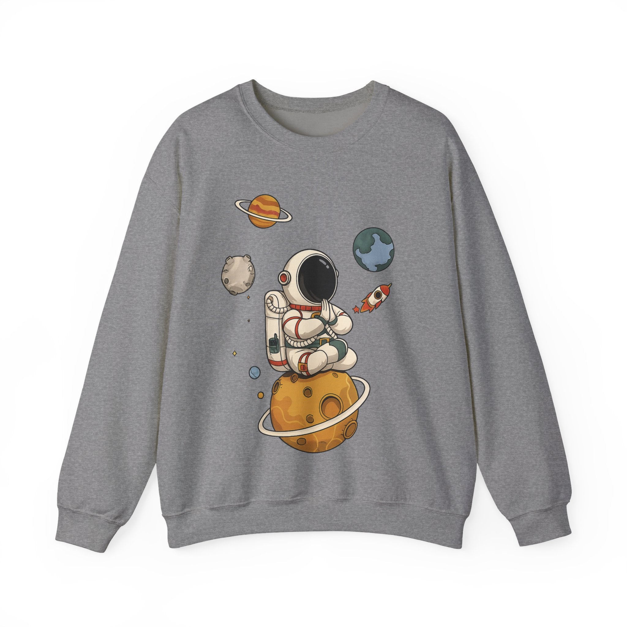 Astronaut Sitting on Planet Crewneck Sweatshirt – Cute Space Explorer Graphic