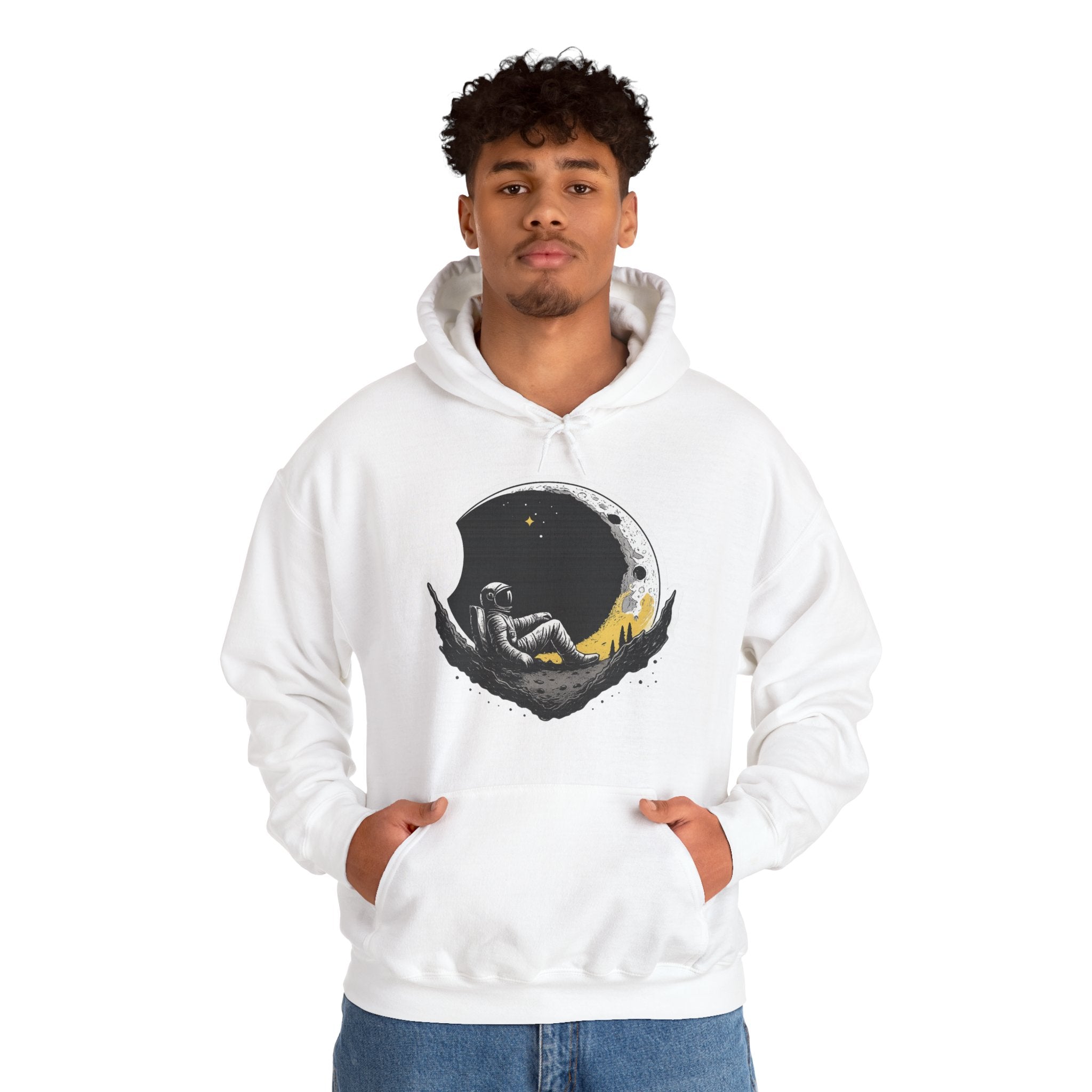 Moon Dreamer Hoodie — Astronaut Sleeping on Crescent Moon Graphic Pullover